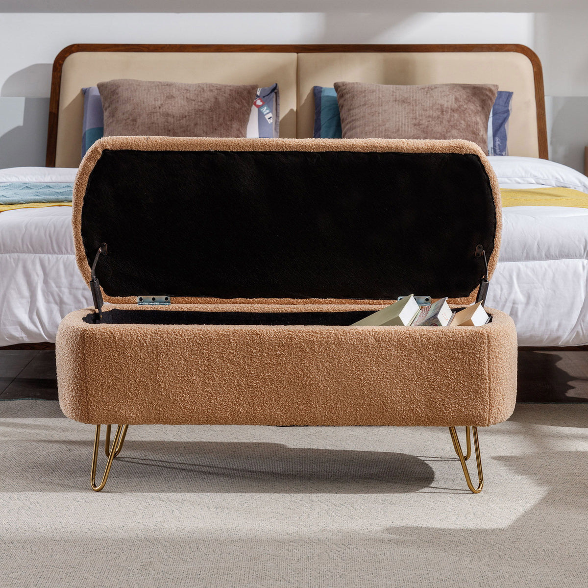 Storage Ottoman Bench For End Of Bed Gold Legs, Modern Camel Faux Fur Entryway Bench Upholstered Padded With Storage For Living Room Bedroom - Camel