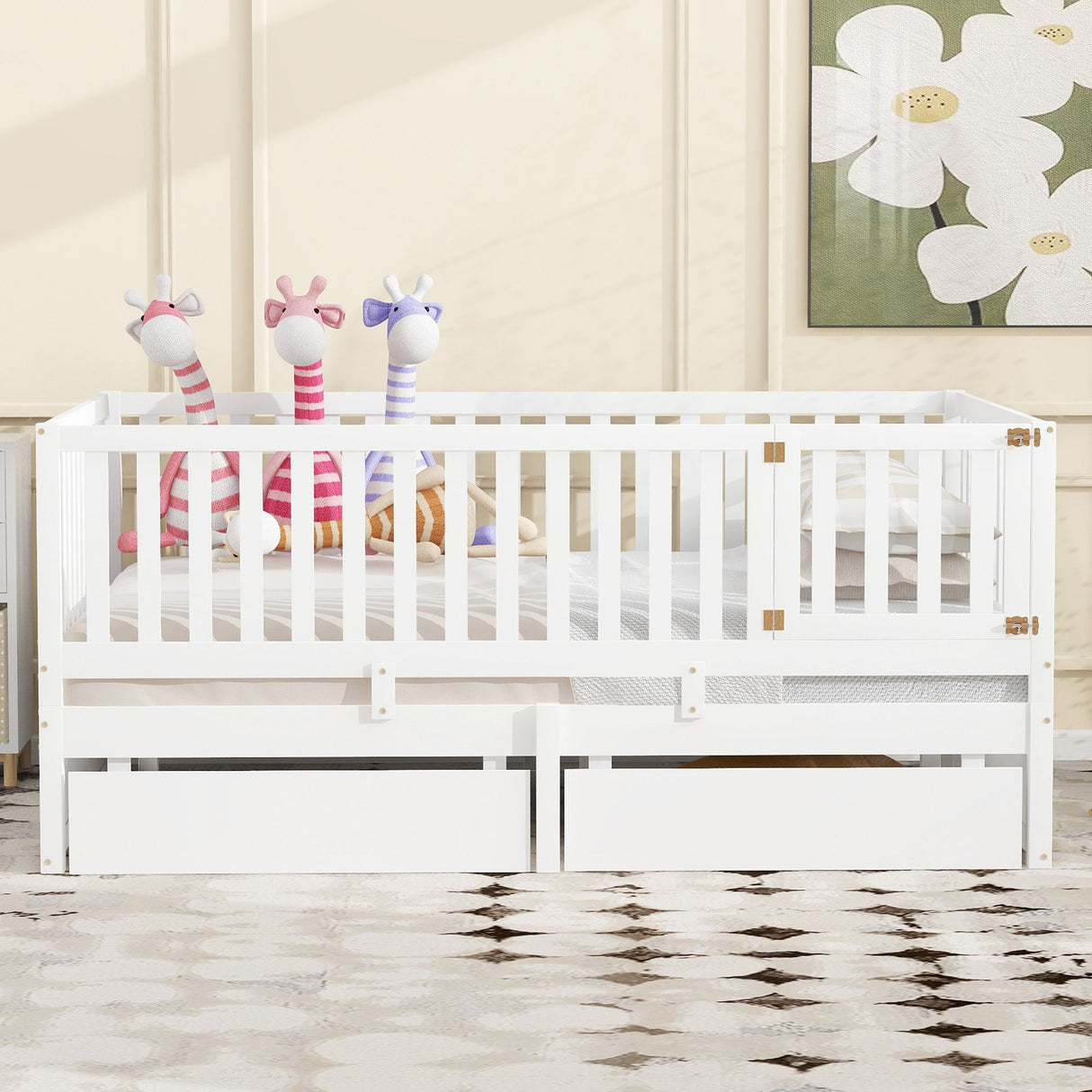 Daybed With Fence Guardrails And 2 Drawers, Split Into Independent Floor Bed & Daybed