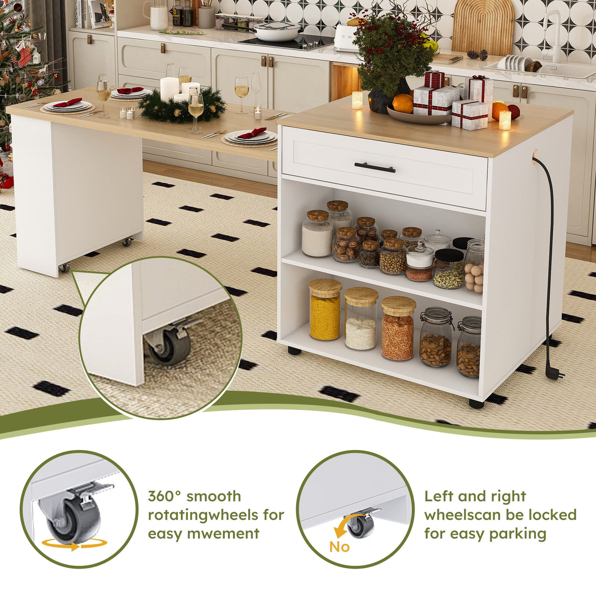 Expandable Kitchen Island With Dining Table - White