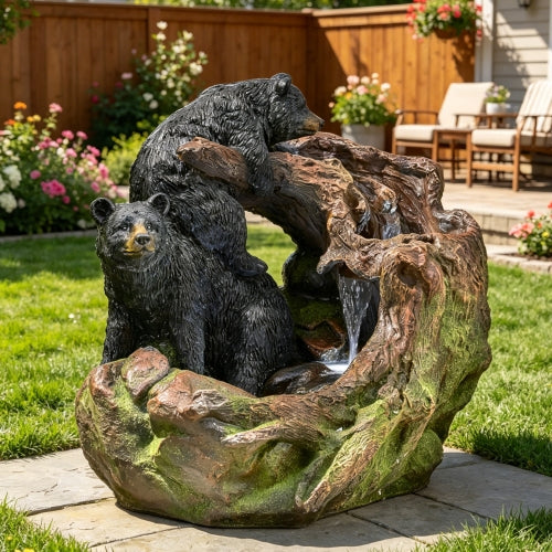 22.0" High DATONA FOUNTAIN Outdoor Weather Resistant Floor Fountain with Light, Light Brown + Black