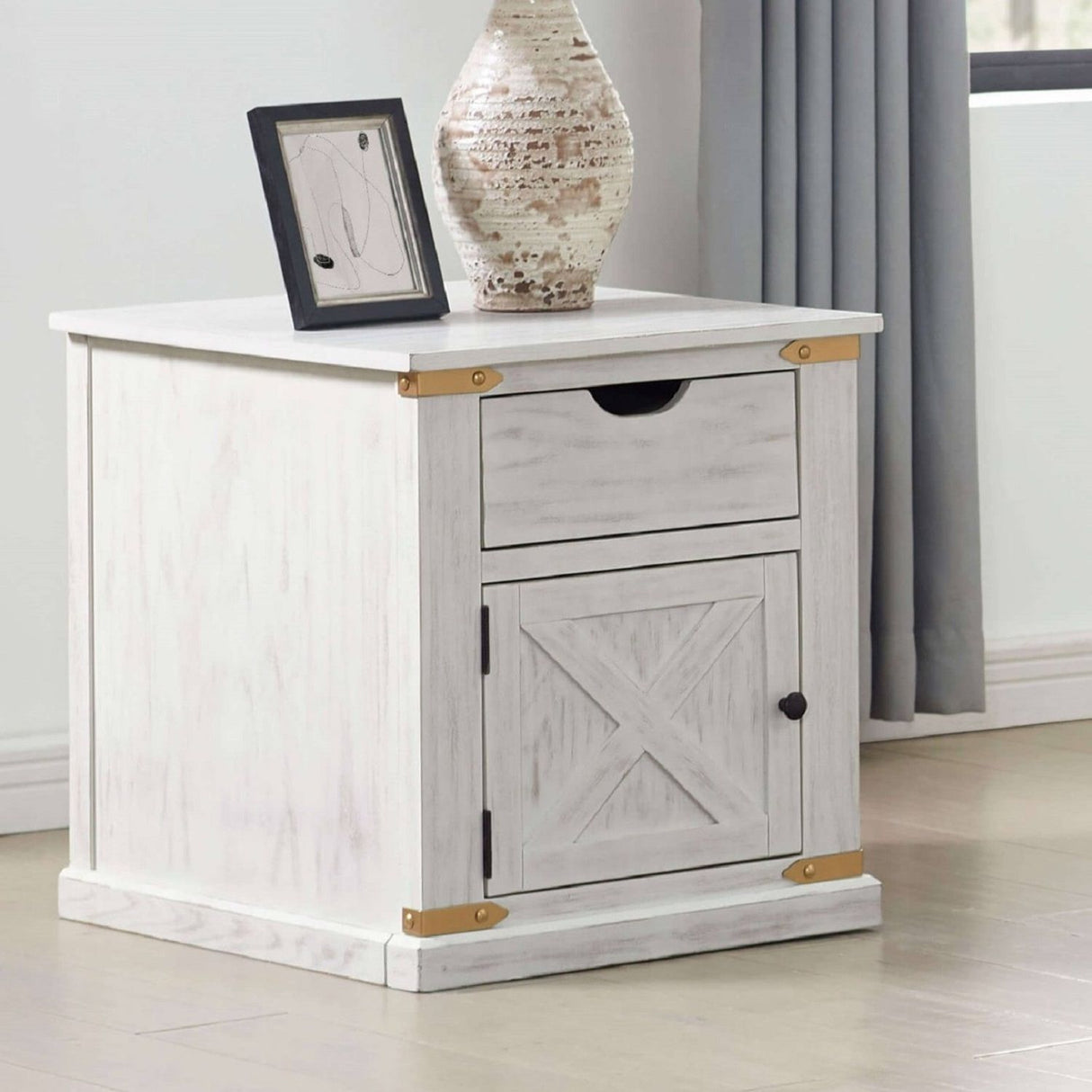 End Table With Storage Drawer And Shelves - Antique White / Gold