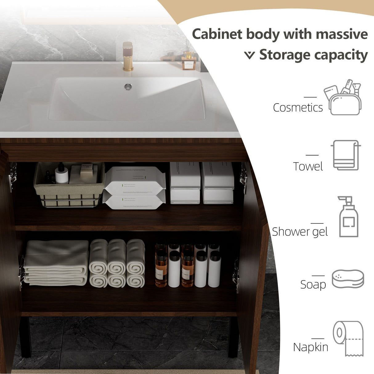 Bathroom Vanity With Ceramic Sink, Floor-Standing Design, Soft-Closing Drawers