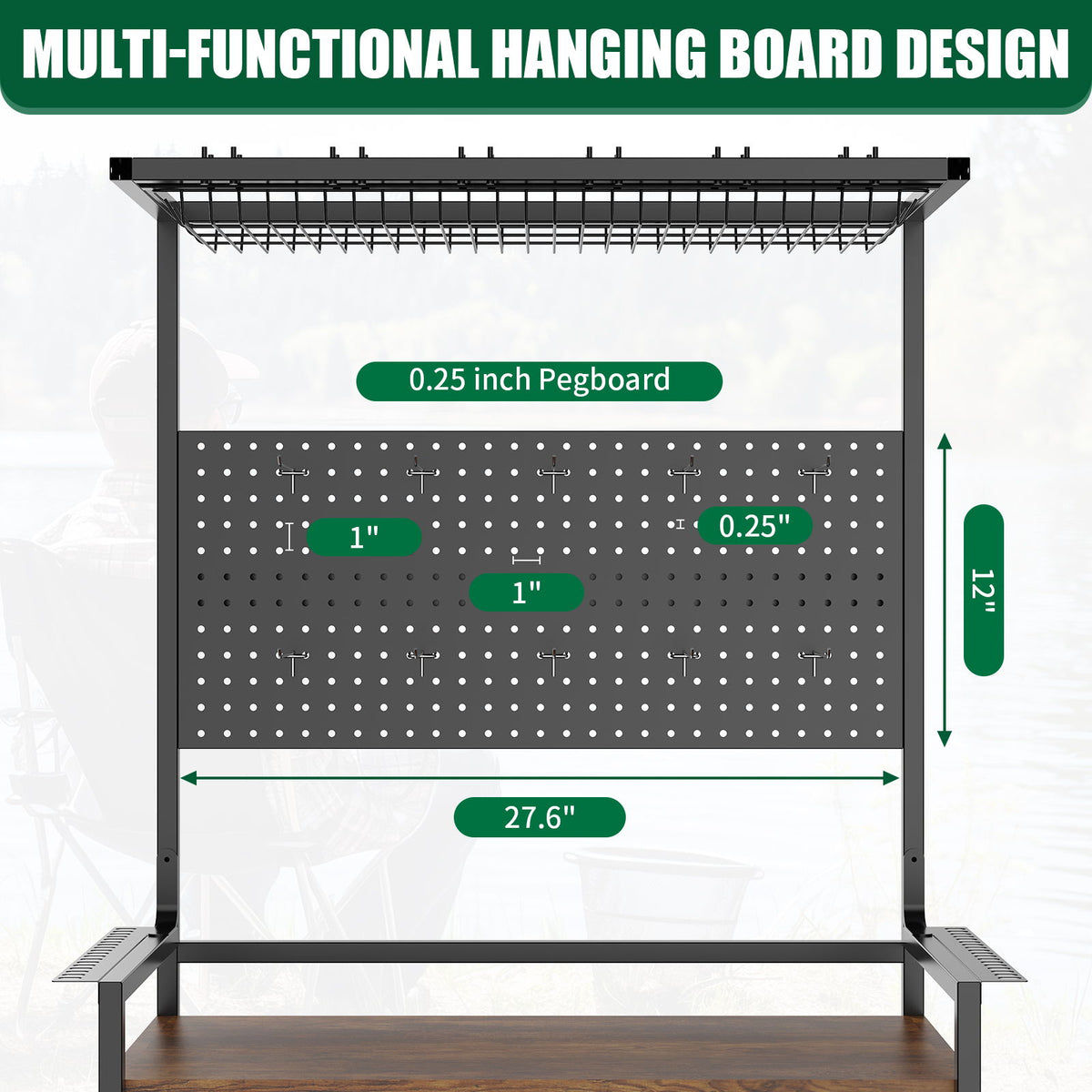 Fishing Rod Storage Rack With Pegboard, Rolling Tackle Organizer Cart - Black