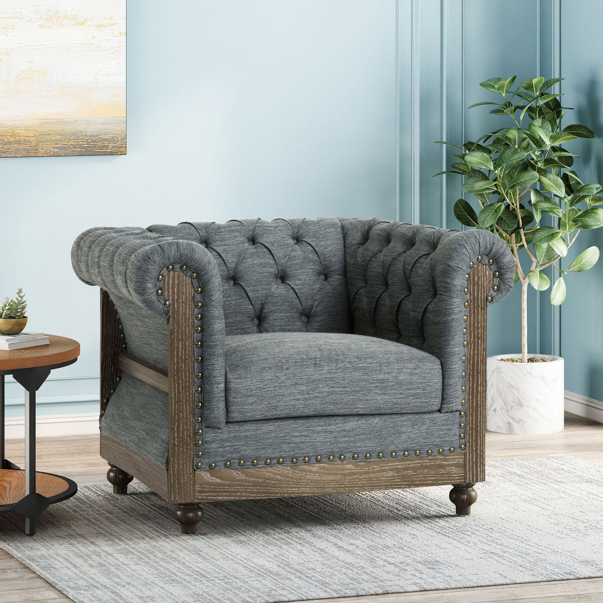 Fabric Upholstered Club Chair With Scrolled Tuxedo Arms - Charcoal