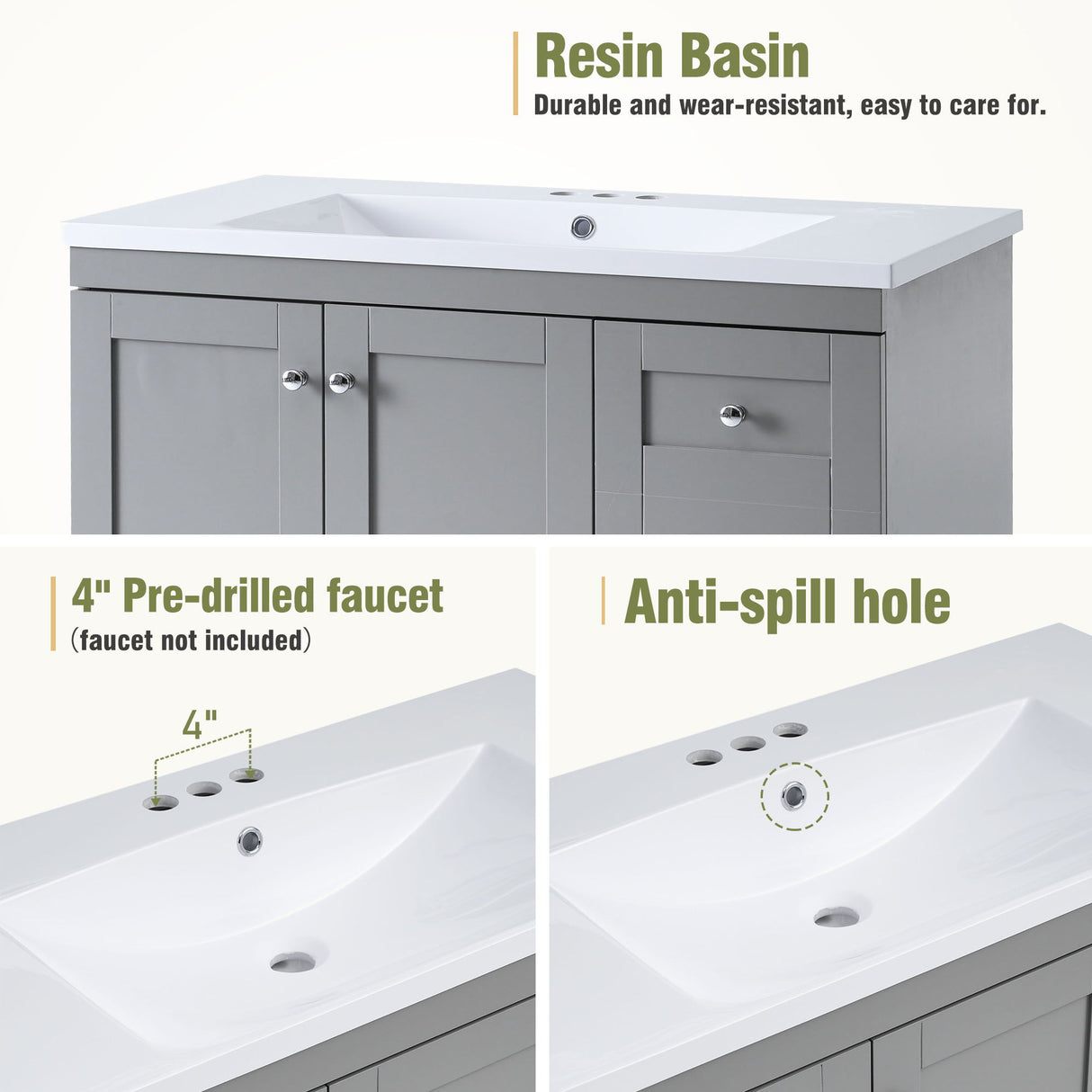Shaker Free Standing Bathroom Vanity Cabinet With Sink, Soft Close Drawers, Soft Close Doors