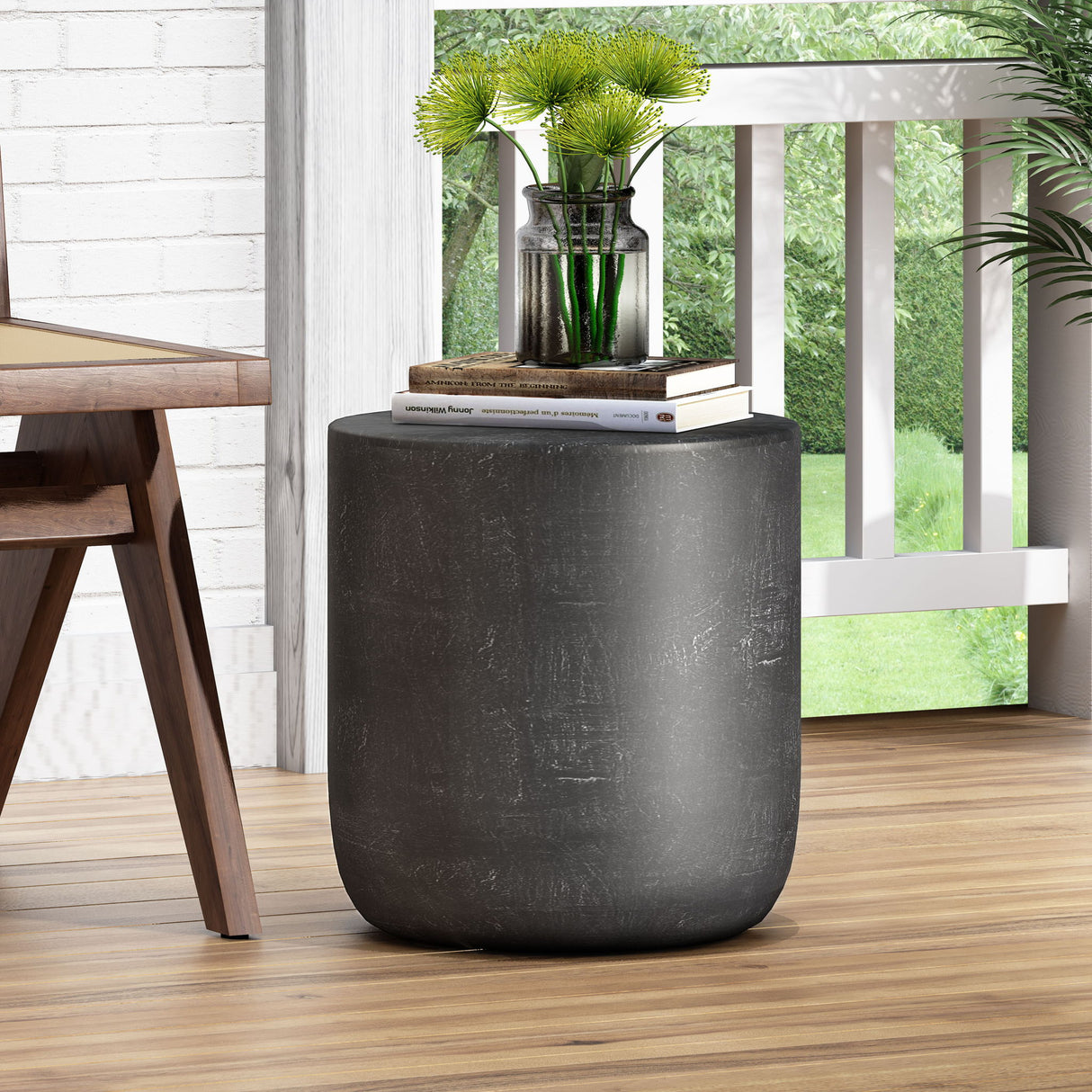 Outdoor Lightweight Concrete End Table With Natural Texture - Matte Black