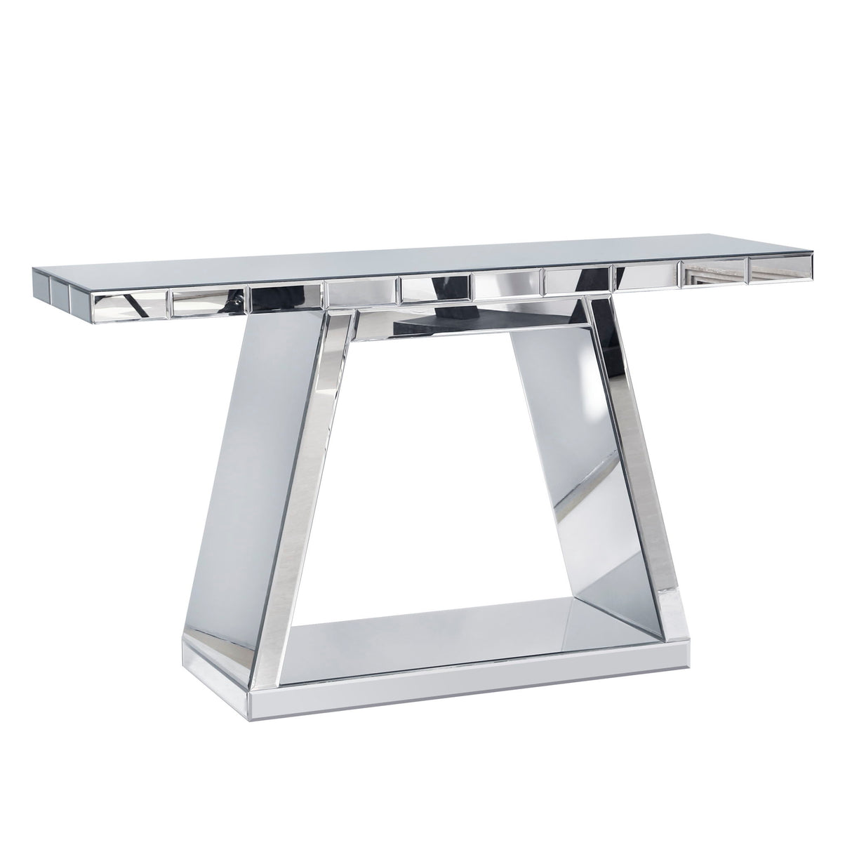 Modern Luxe Full Body Mirror Entryway Table With Trapezoid Base, 360° Reflective Console, Scratch Resistant, Open Storage - Silver