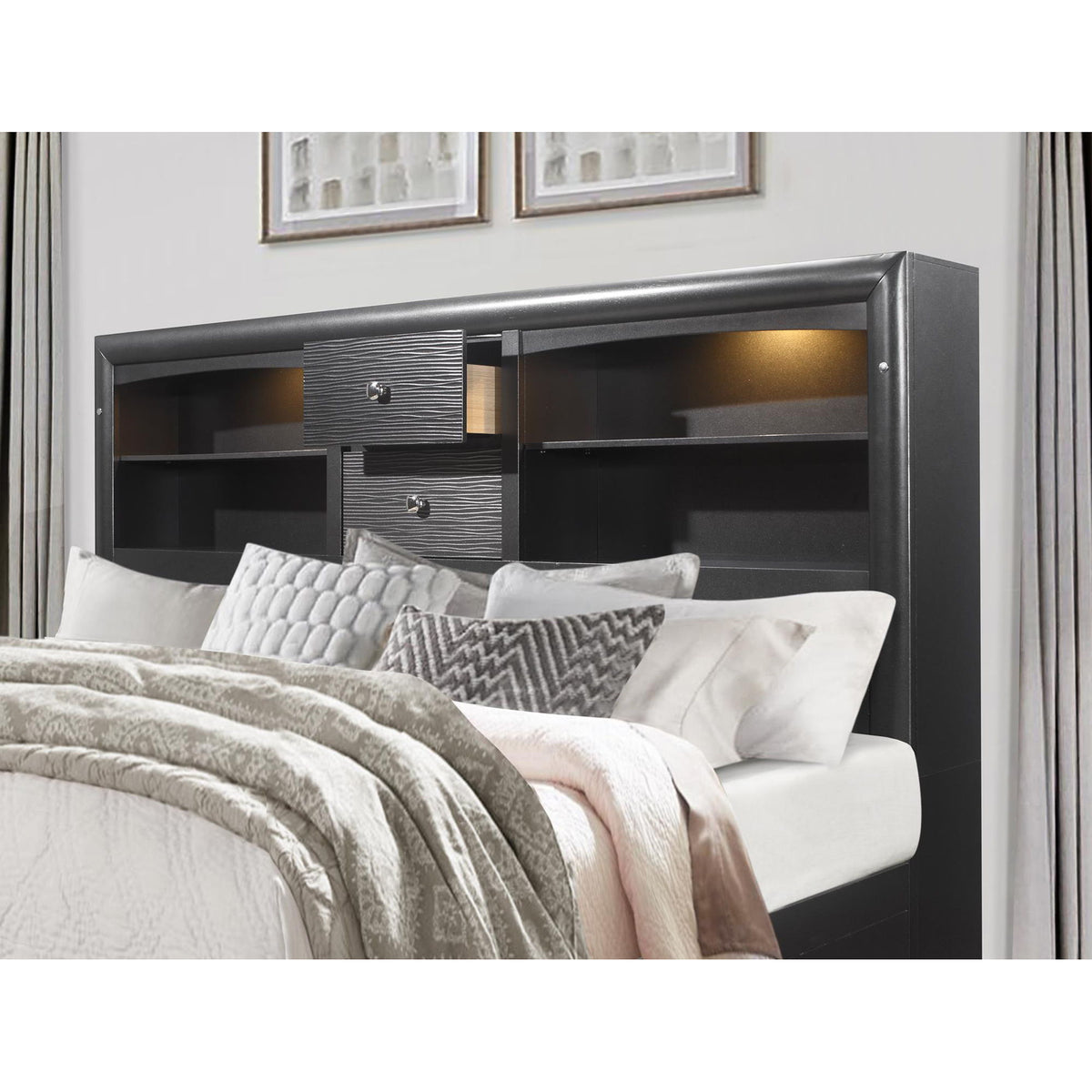 Civic - King Storage Bed With Bookcase Headboard And Built In Lighting - Gray