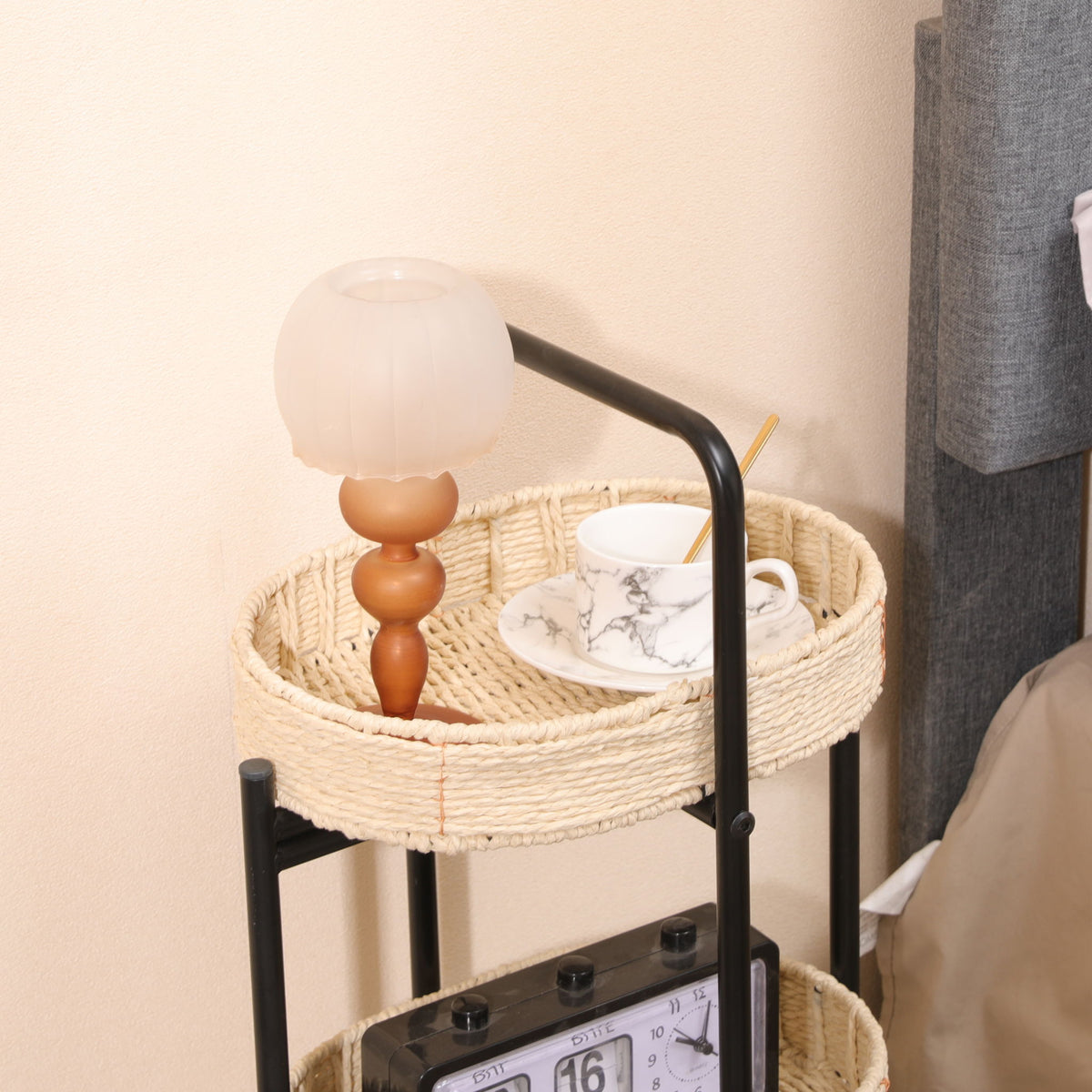 Farmhouse Style 3 Tiers Tray Tables Paper Rope Woven Side Table With Oval Storage Basket - Natural