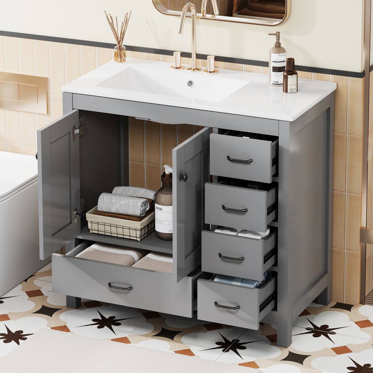 Bathroom Vanity With Ceramic Sink Combo, Abundant Storage Cabinet 2 Soft Close Doors And 5 Drawers