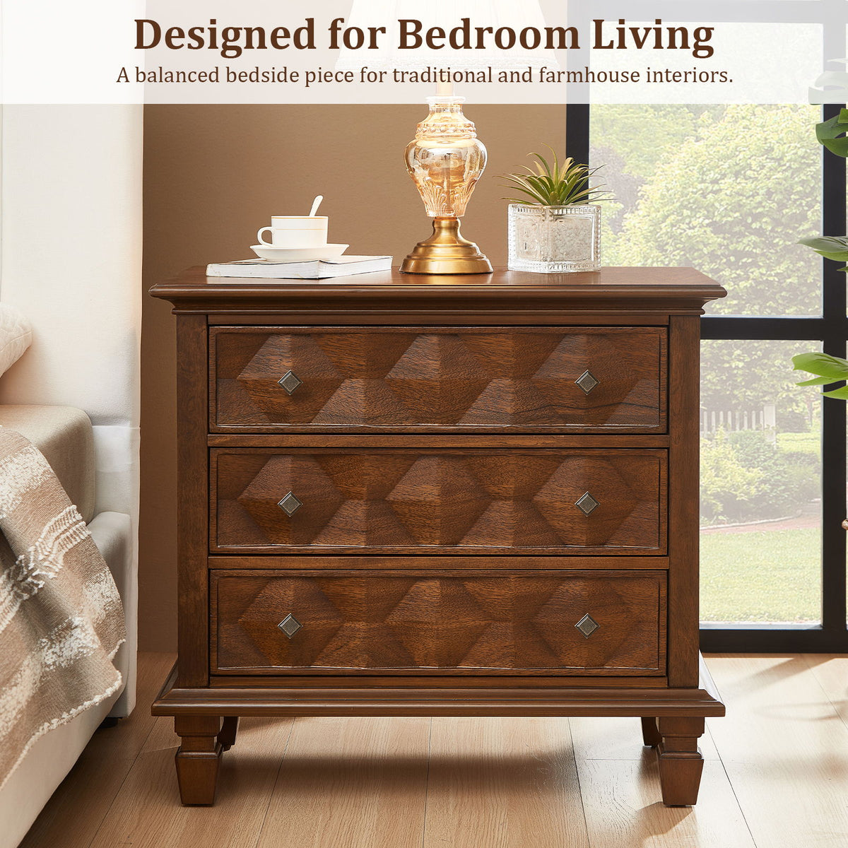 Nightstand With Charging Station, 3 Drawer Bedside Table - Walnut