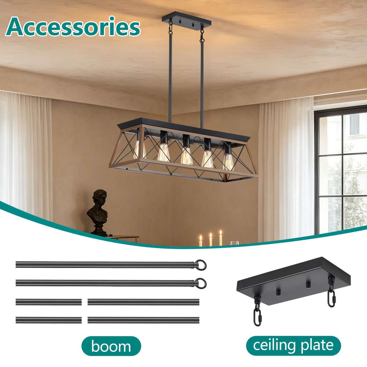 Chandelier Pendant Light For Dining Room Kitchen, 5 Light Fixture With Adjustable Height