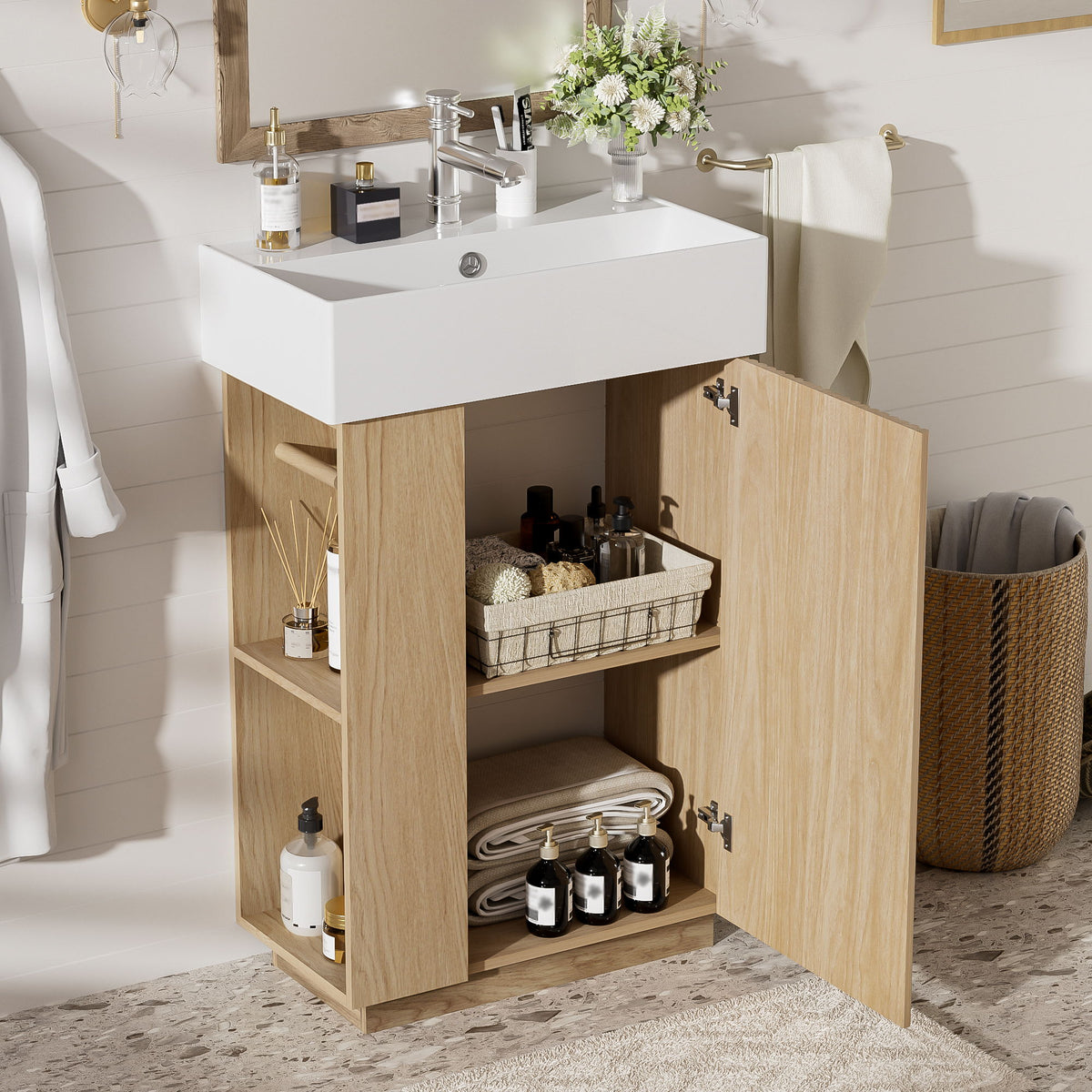 Bathroom Vanity With Sink, Freestanding Wood Grain Cabinet With Storage