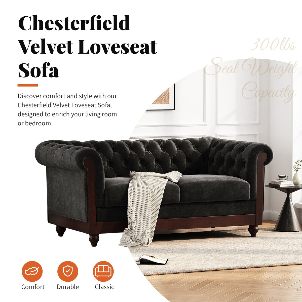Chesterfield Loveseat Sofa, 2 Person Rolled Arm Upholstered Couch