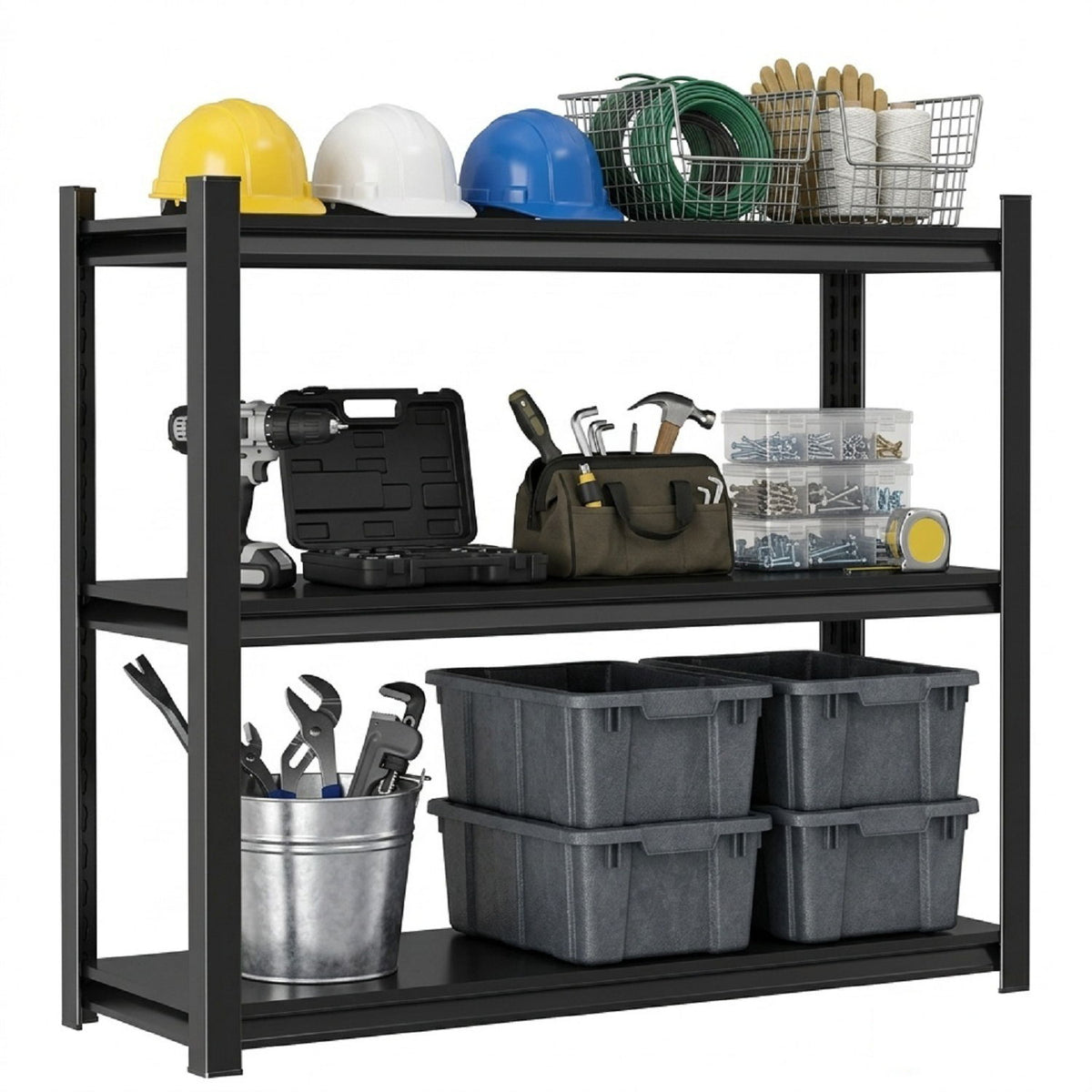 3 Tier Adjustable Height Storage Shelving Unit, Large Capacity Multipurpose Organizer Rack - Black