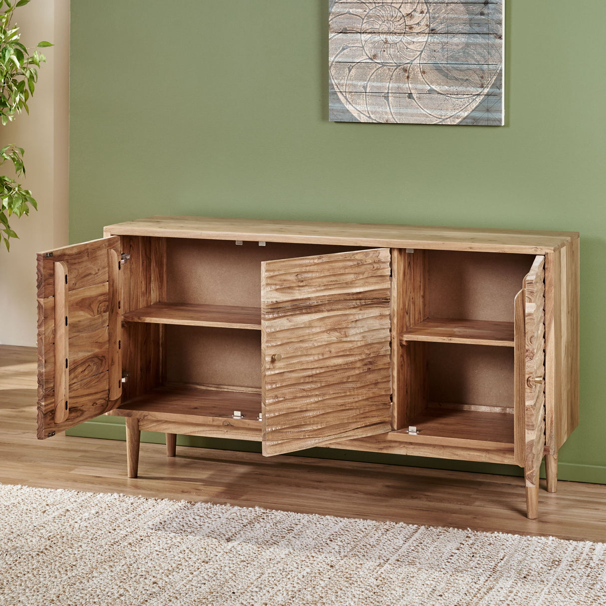 Handcrafted Sideboard Buffet Cabinet with Carved Texture Acacia Wood 58x32in Natural