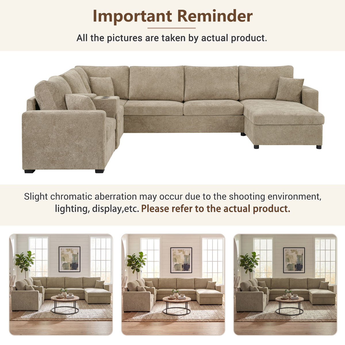 Modular 5 Seat U-Shape Sectional Sofa With Chaise Lounge, Built In Cup Holders And Storage Drawer