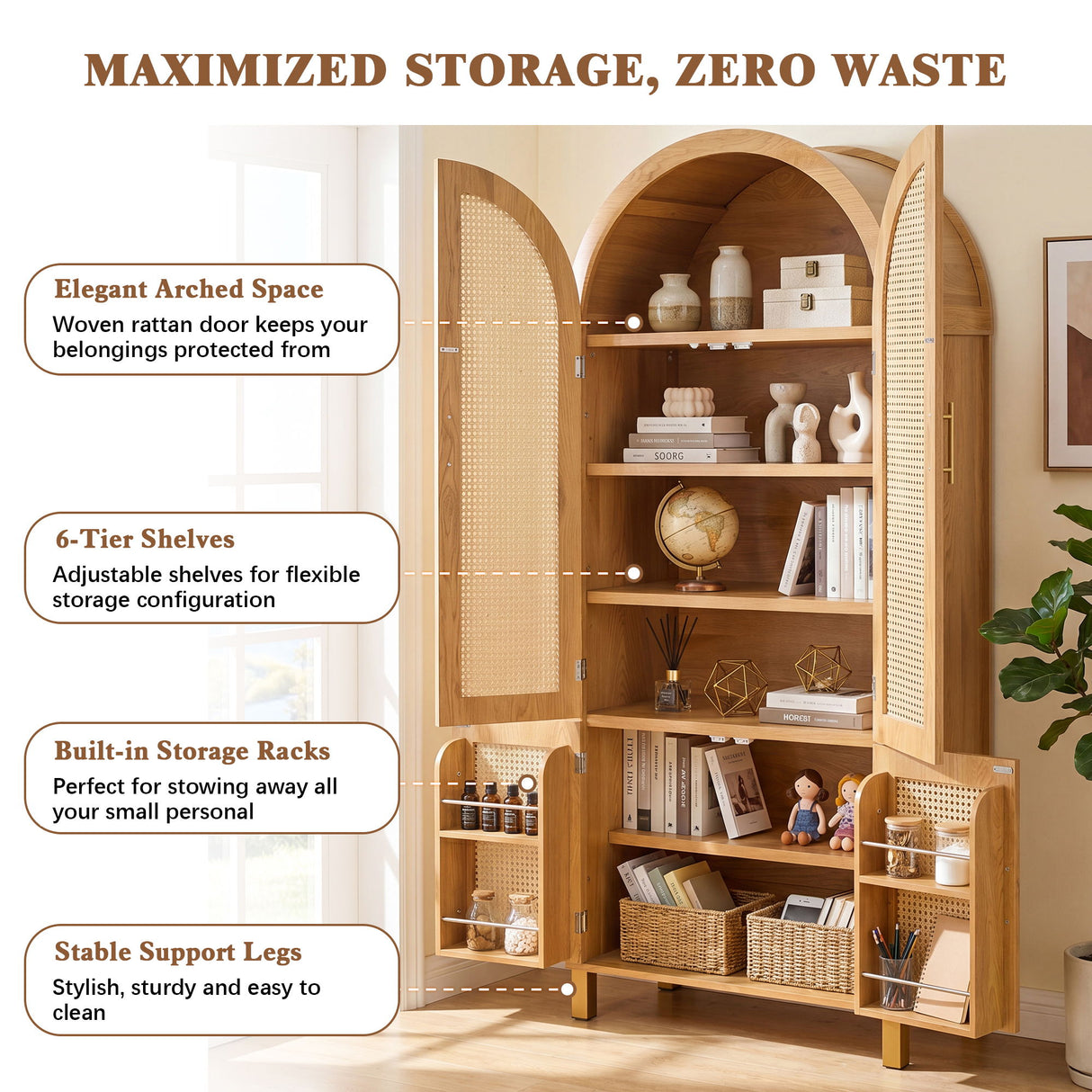 Tall Arched Cabinet With Rattan Doors & Adjustable Shelves