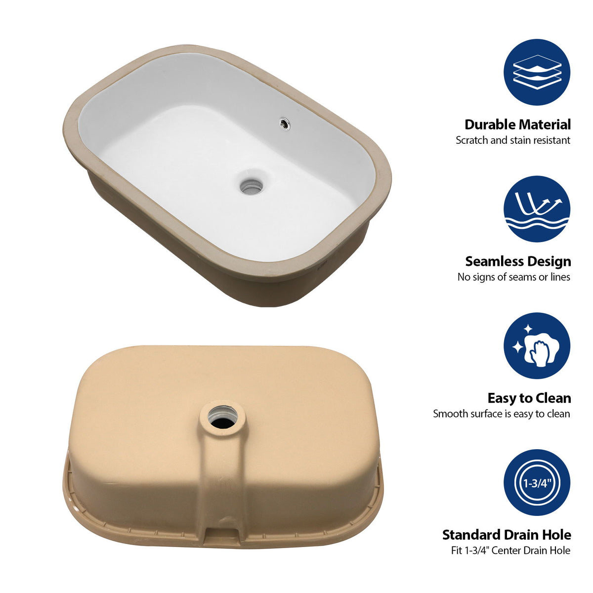 Undermount Bathroom Sink 22" X 15.25" With Overflow Sleek, High Temperature Fired, Stain Resistant, Smooth Polished Surface - White
