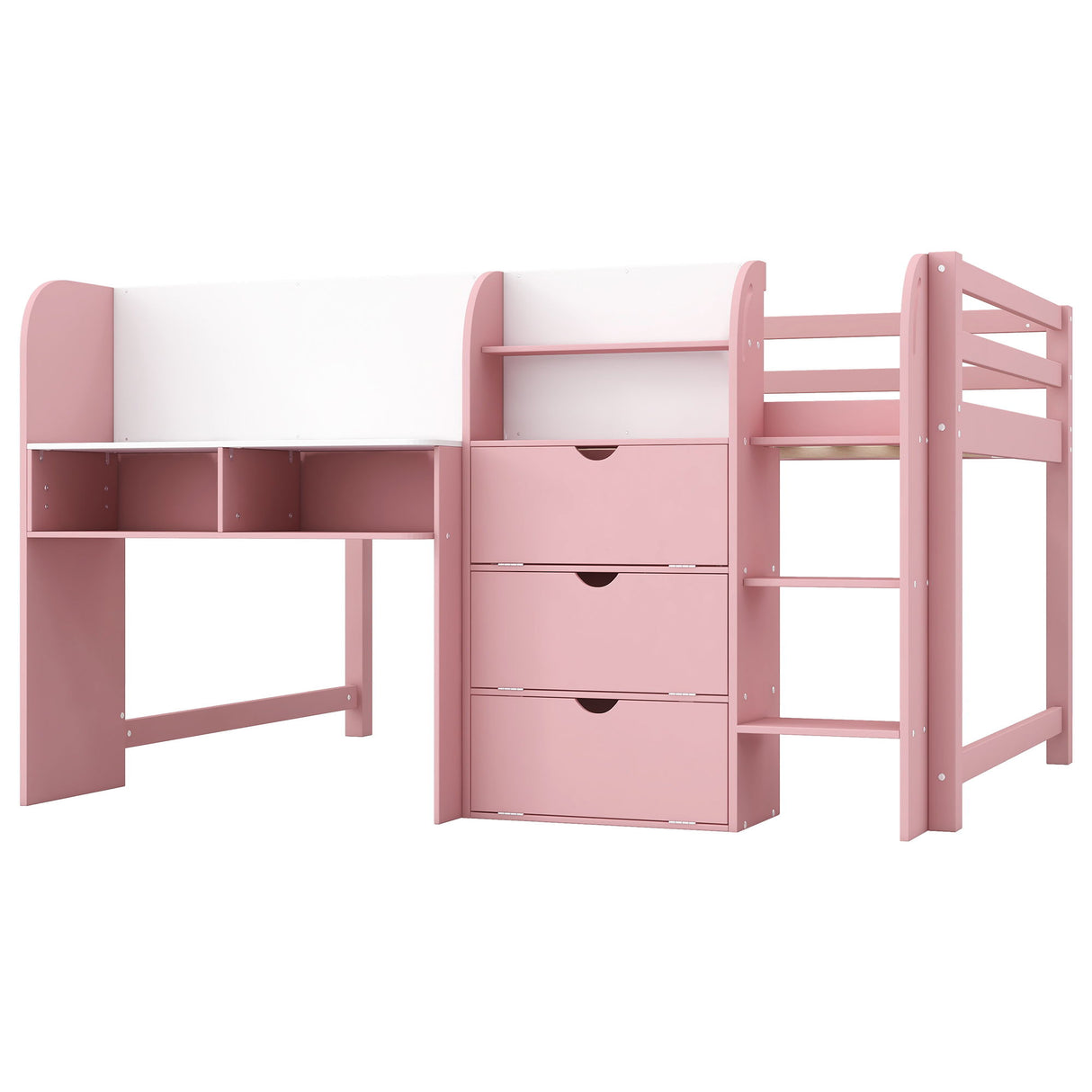 Low Loft Bed With Built In Desk, Storage Cabinets, Open Bookcase And Doodle board