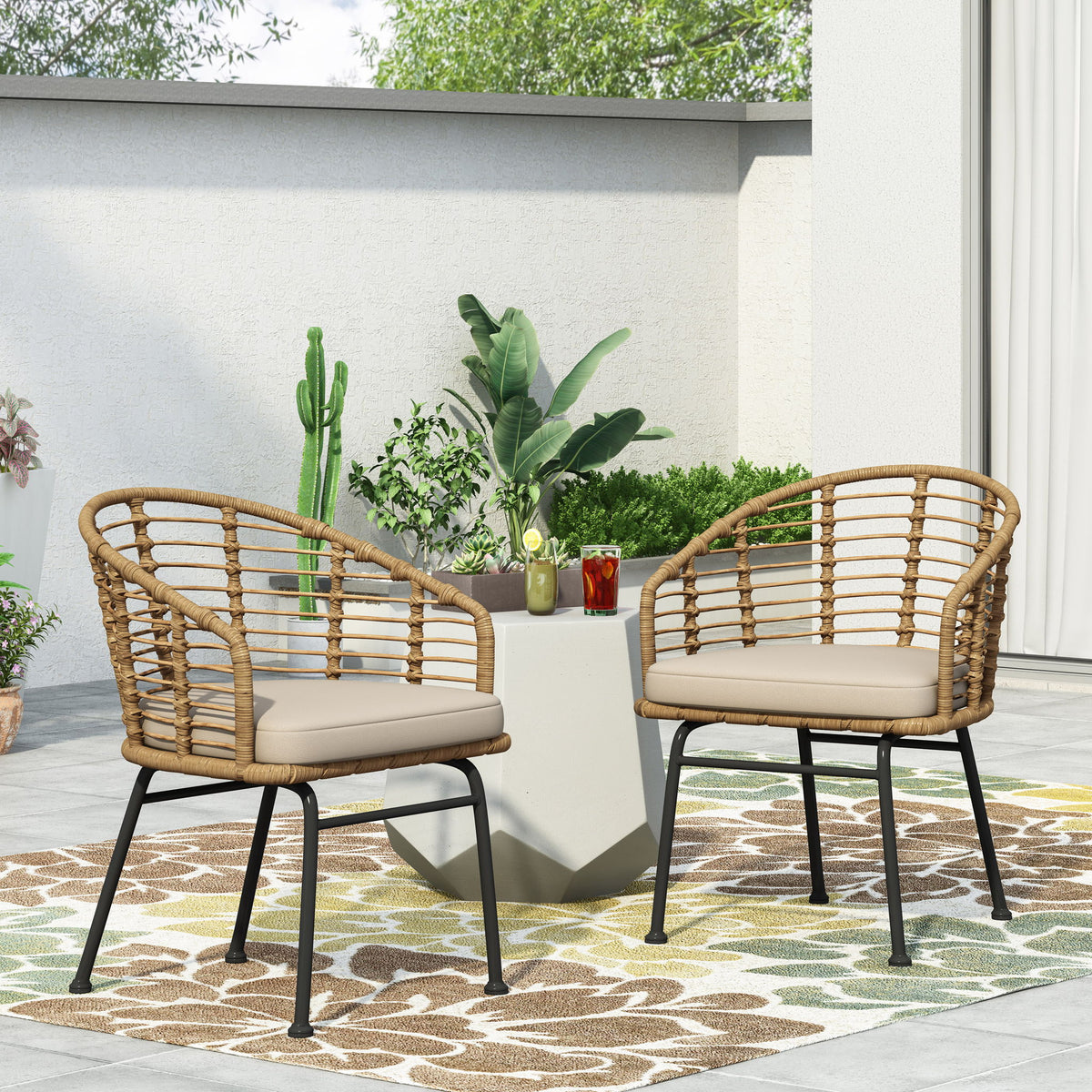 Randy - Modern Wicker Chair With Water Resistant Cushions - Brown / Beige