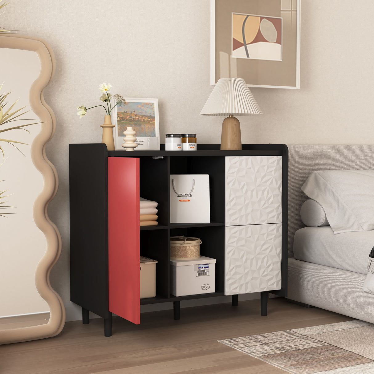 Sideboard Buffet Cabinet with Unique Panel Styling Wood Storage Drawers