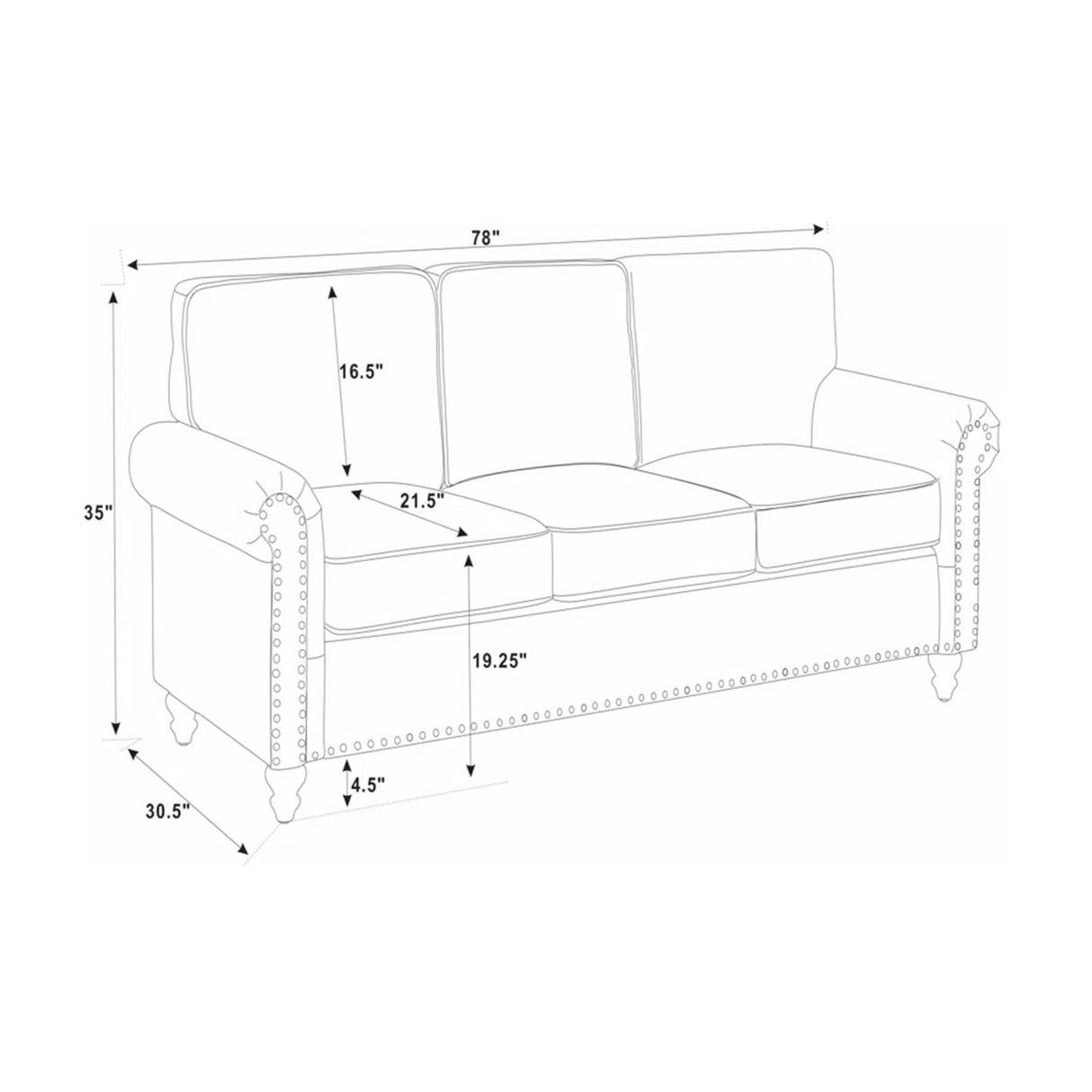 Sofa With Rolled Arms And Studs Trim - Brown