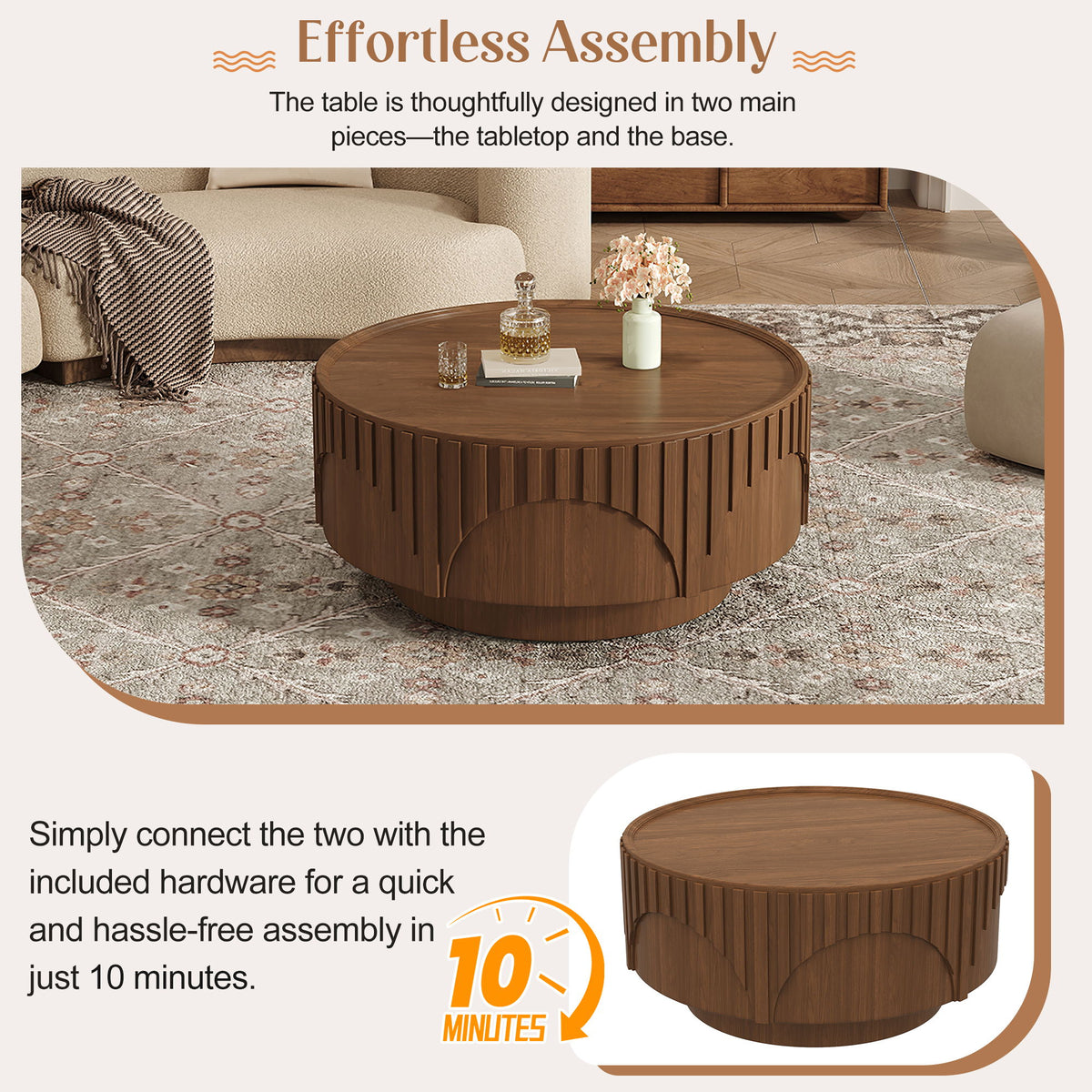 Round Fluted Drum Coffee Table With Sturdy Base For Living Room