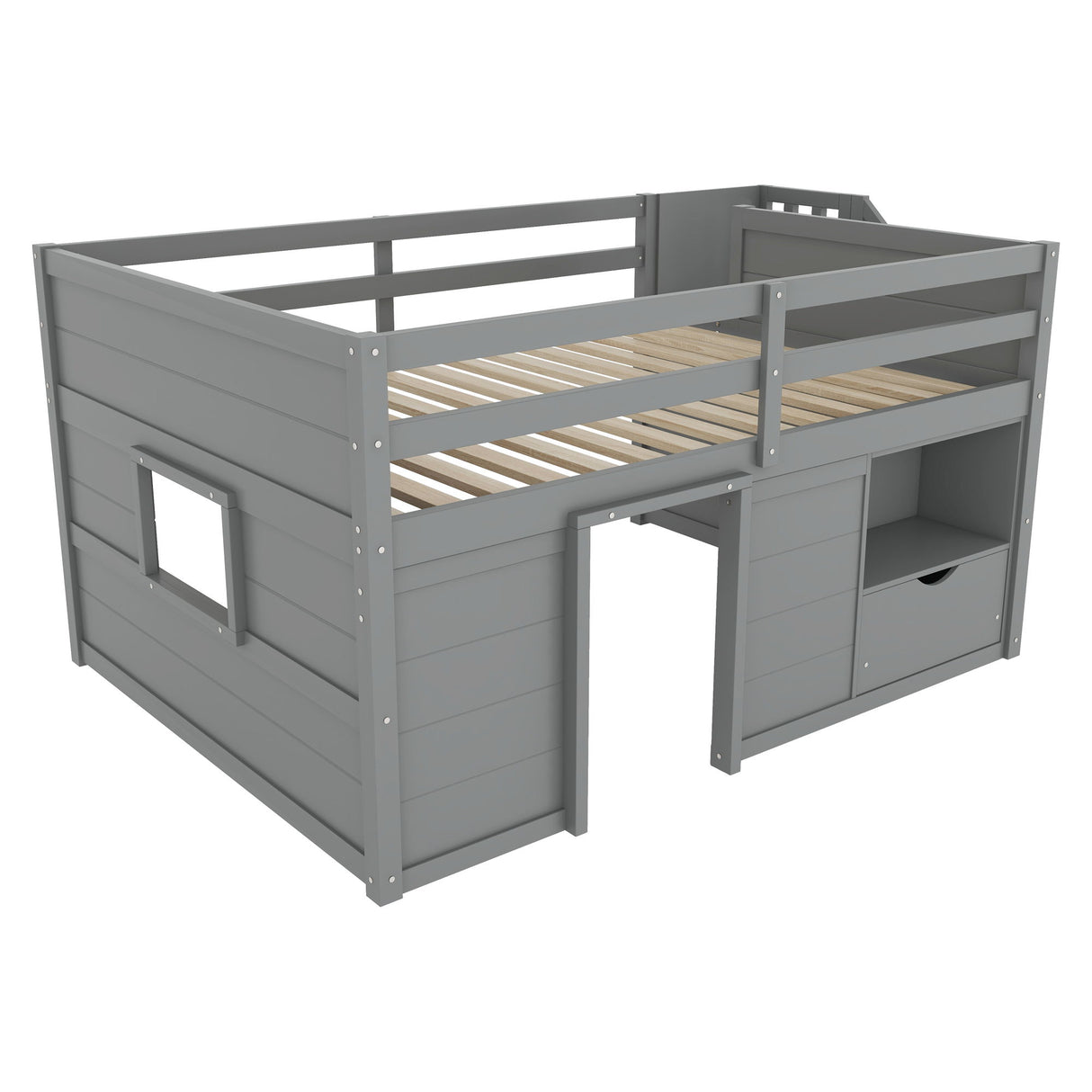 Low Loft Bed Frame With Built In Stairs, Storage Drawer, Shelf And 7 Color LED Light