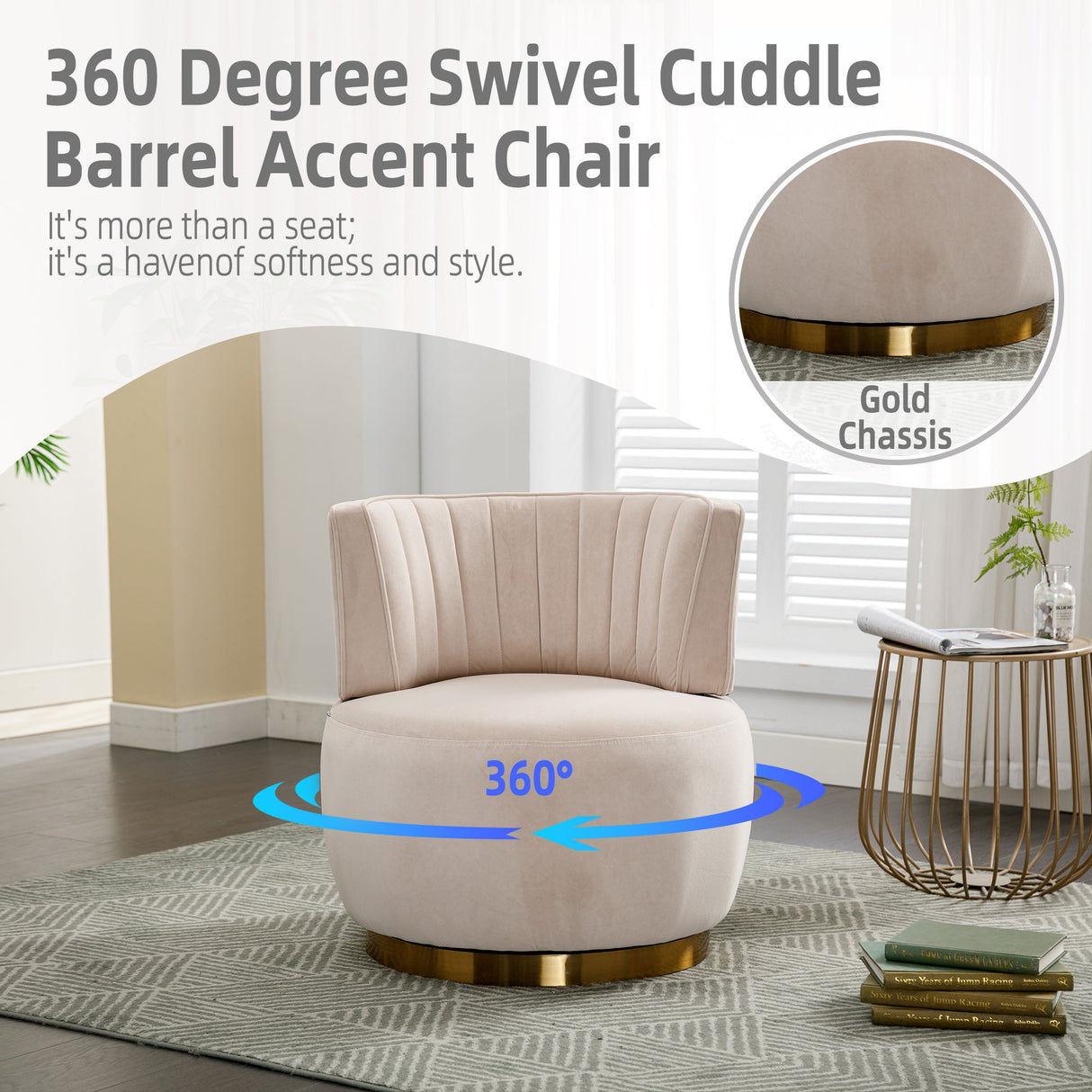 Swivel Barrel Accent Sofa Chair, 360 Degree Rotation, Fluffy Fabric - Beige