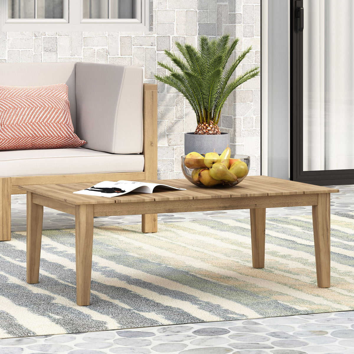 Outdoor Coffee Table With Slat Panel Top - Light Brown