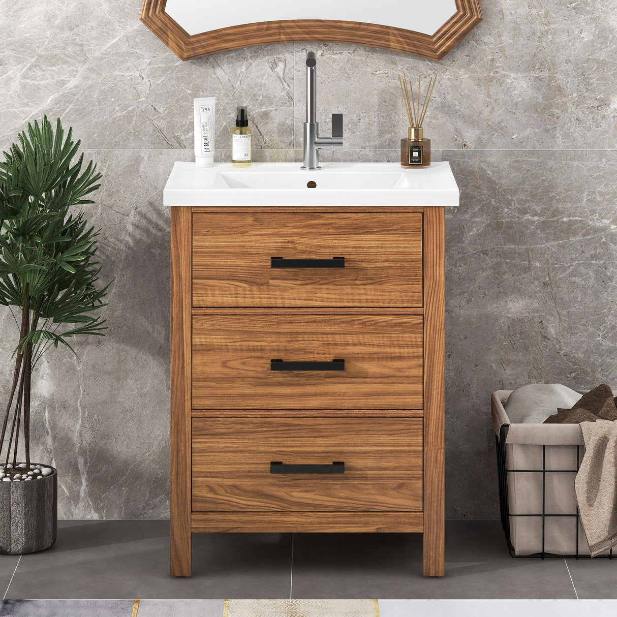 24'' Bathroom Vanity With Basin Sink, 3 Drawer Storage Cabinet - Natural Wood