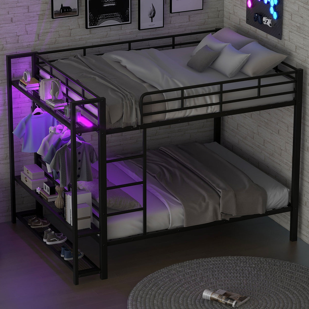 Bunk Bed With Storage Shelves, Clothes Hooks, LED Light