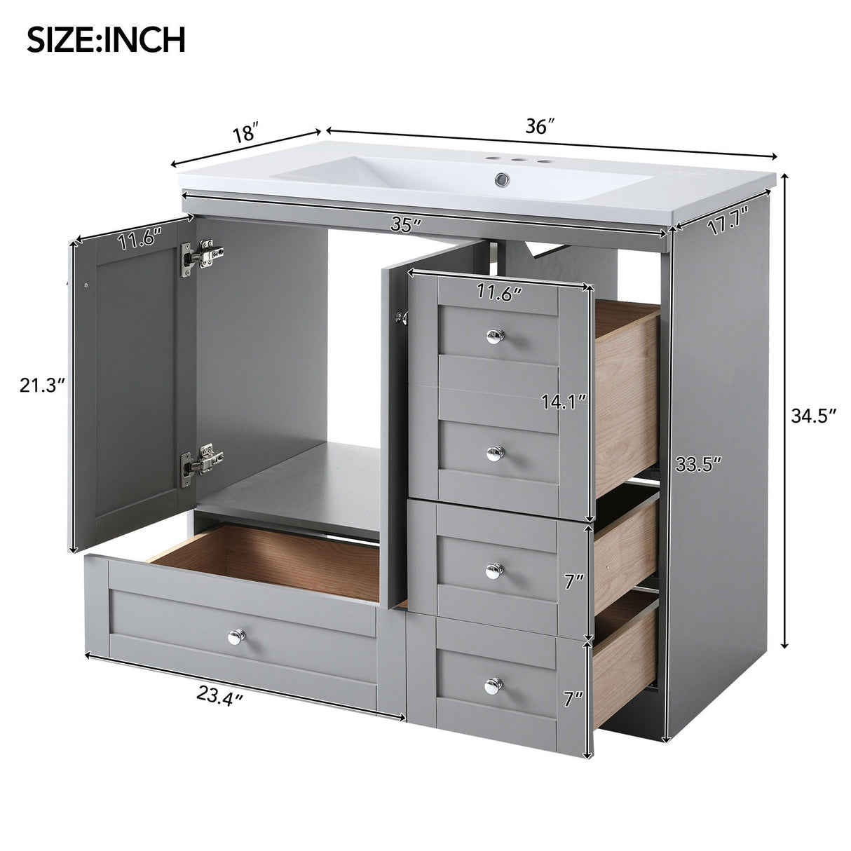 Shaker Free Standing Bathroom Vanity Cabinet & Sink, Soft Close Drawers, Soft Close Doors