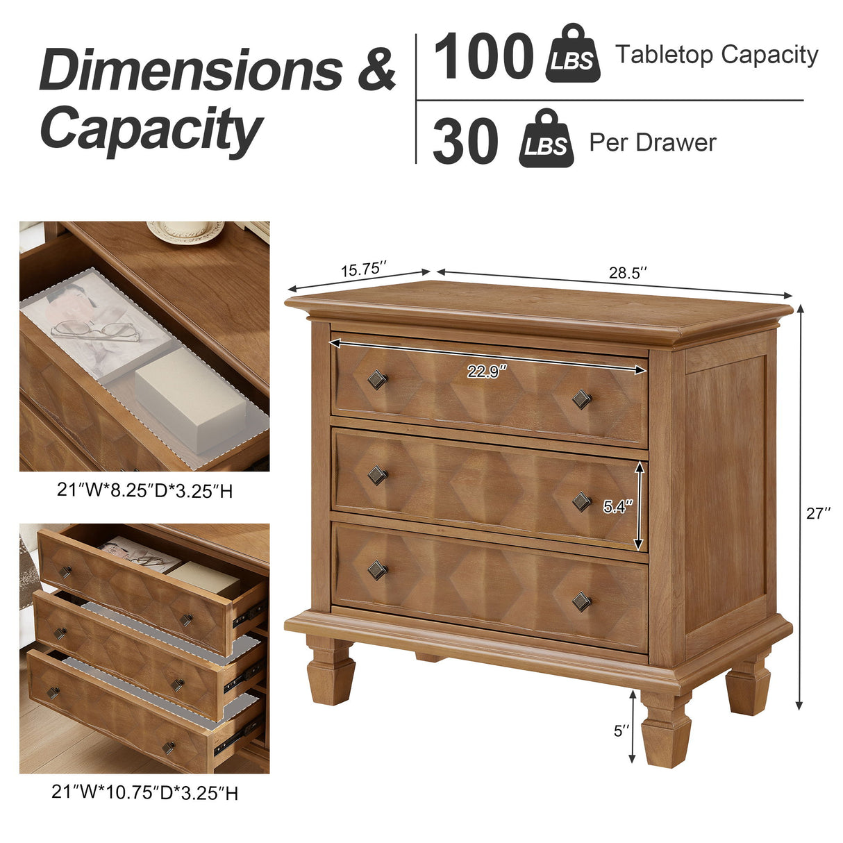 Nightstand With Charging Station, 3 Drawer Bedside Table - Natural Wood