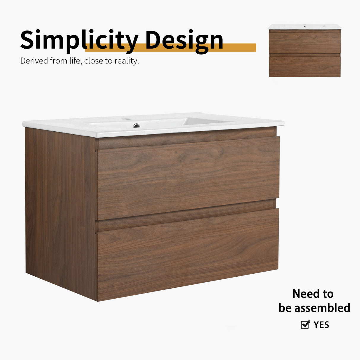 Wall Mounted Bathroom Vanity & Sink, 2 Soft Close Drawers