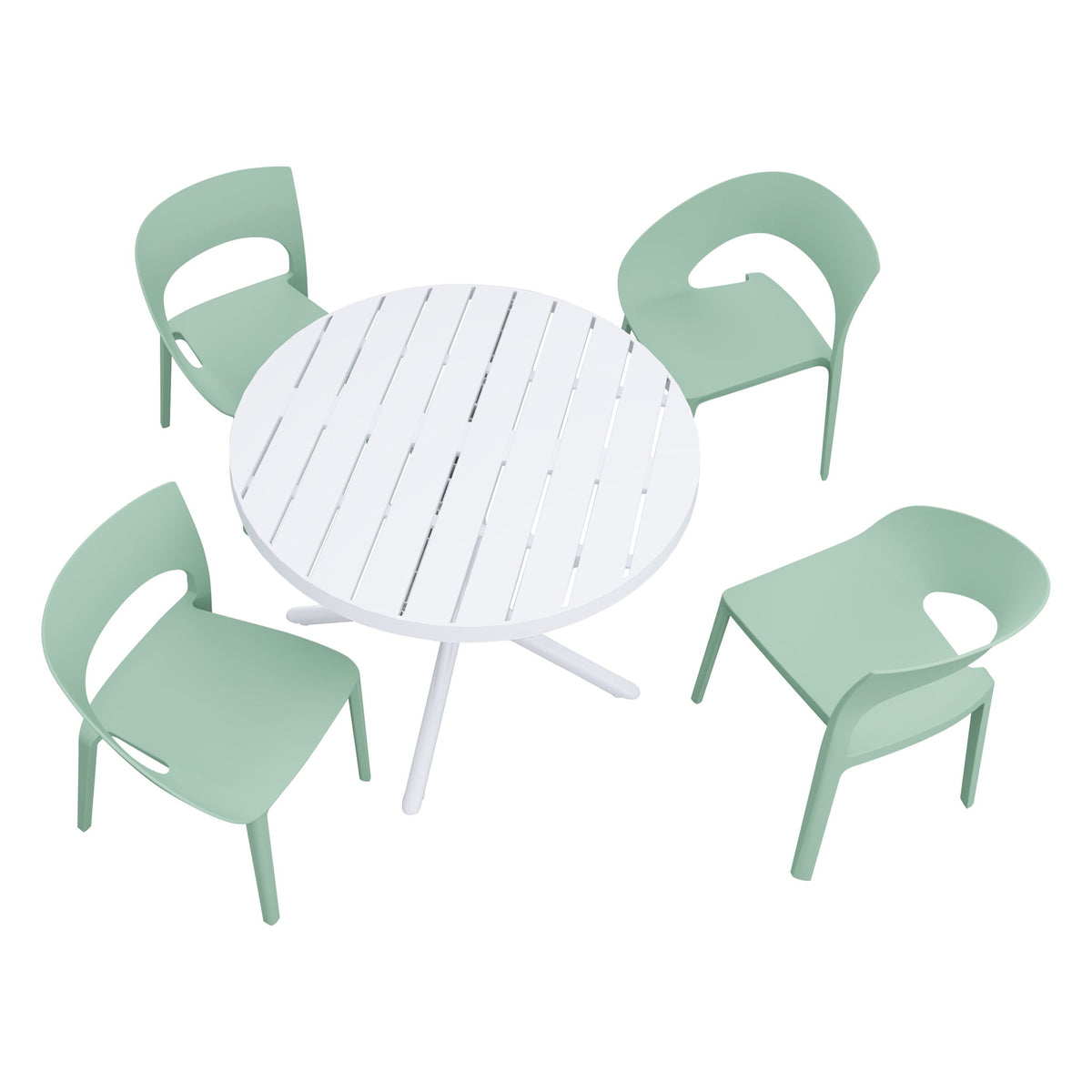 4 Piece Set Of Color Block Designed Single Chairs With Round Table - Haze Green / White
