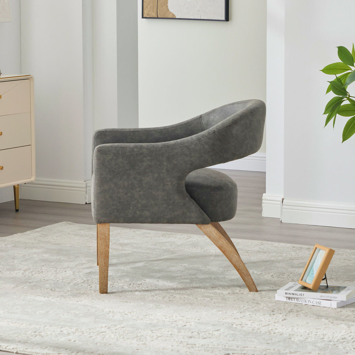 Upholstered Open Back Armchair With Weathered Rubberwood Legs