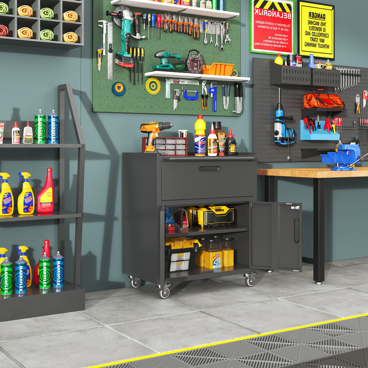Sturdy And Durable Metal Tool Cabinet For Garage With Wheels Mobile Heavy Duty Storage Cabinet With 1 Drawer And 2 Locking Doors