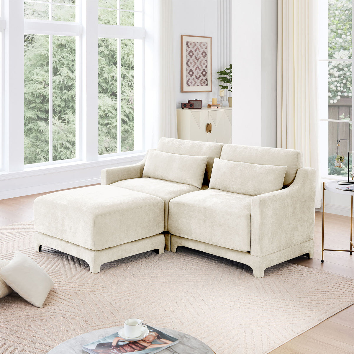 Stylish Sofa With Ottoman And Lumbar Pillows, Ergonomic Design