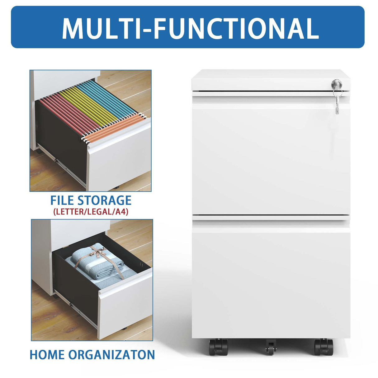 Metal Drawer Mobile File Cabinet With Lock For Home Office Organizer