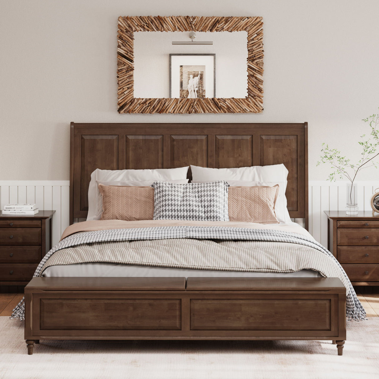 Sleigh Bed Frame With Tall Headboard And Storage Bench