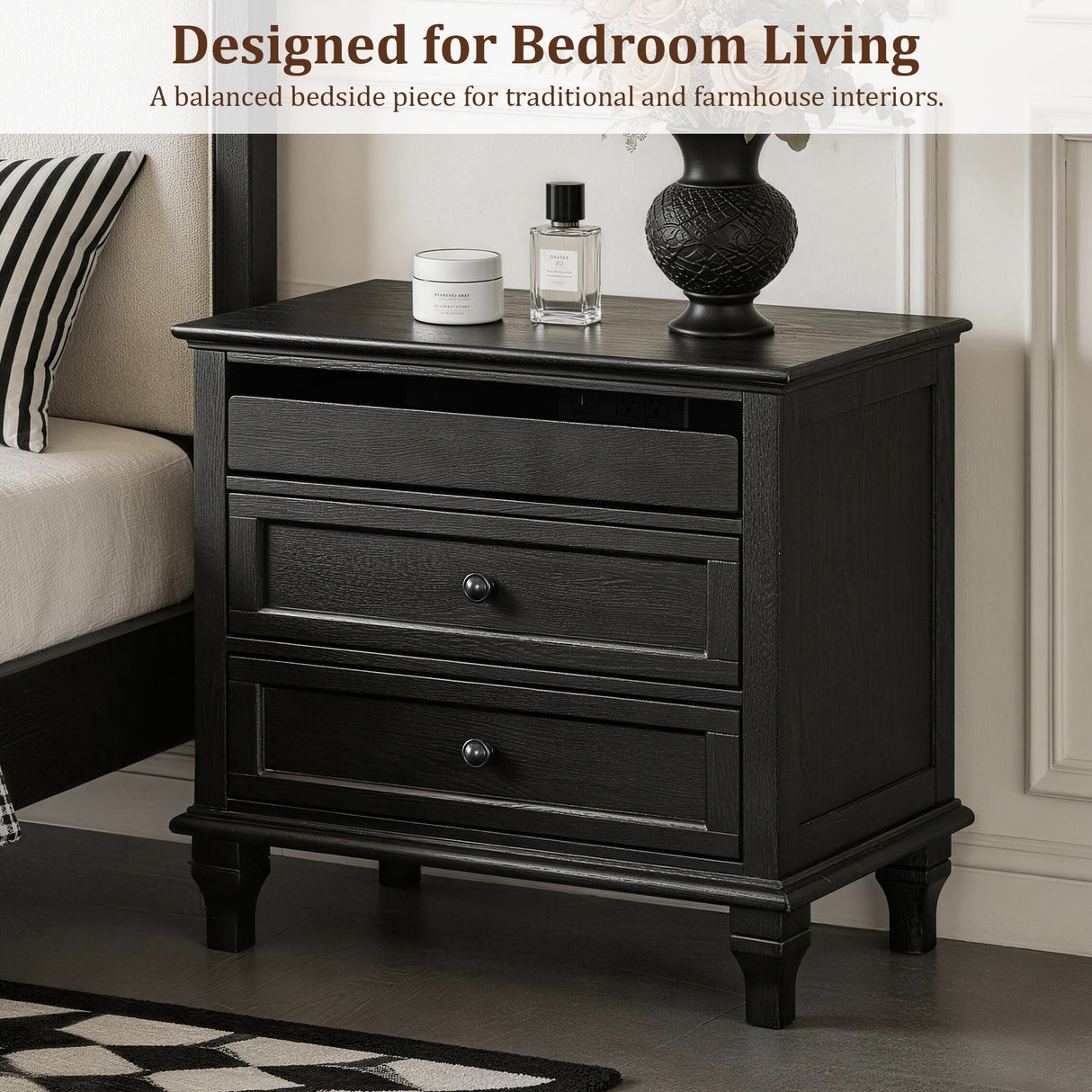 Nightstand With Charging Station, 3 Drawer Storage Table