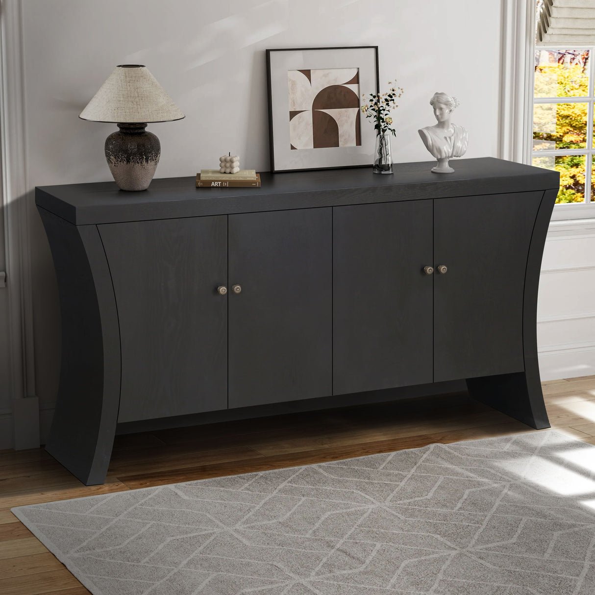 Refined Industrial 4 Door Credenza With Arc Legs & Clasps