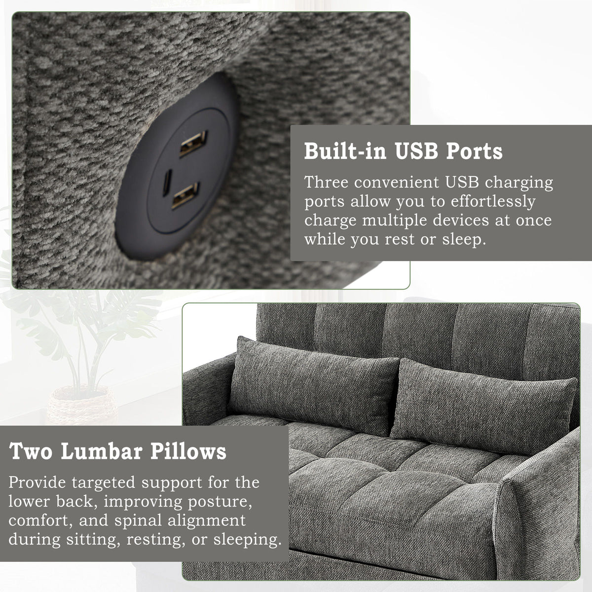 Loveseat Sofa Pull-Out Bed With Adjustable Backrest, 3 USB Ports And 2 Lumbar Pillows For Living Room