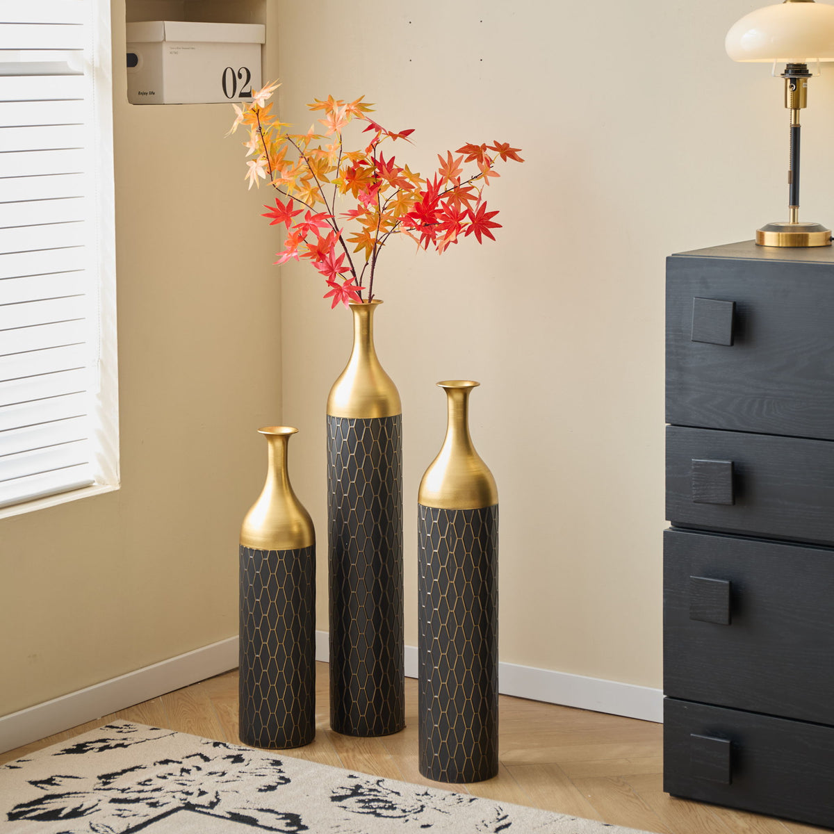 Elegant Floor Vase Set Metal Decorative Vases 3 Piece Set For Floral Display, Wedding & Gift Decor - Gold / Black