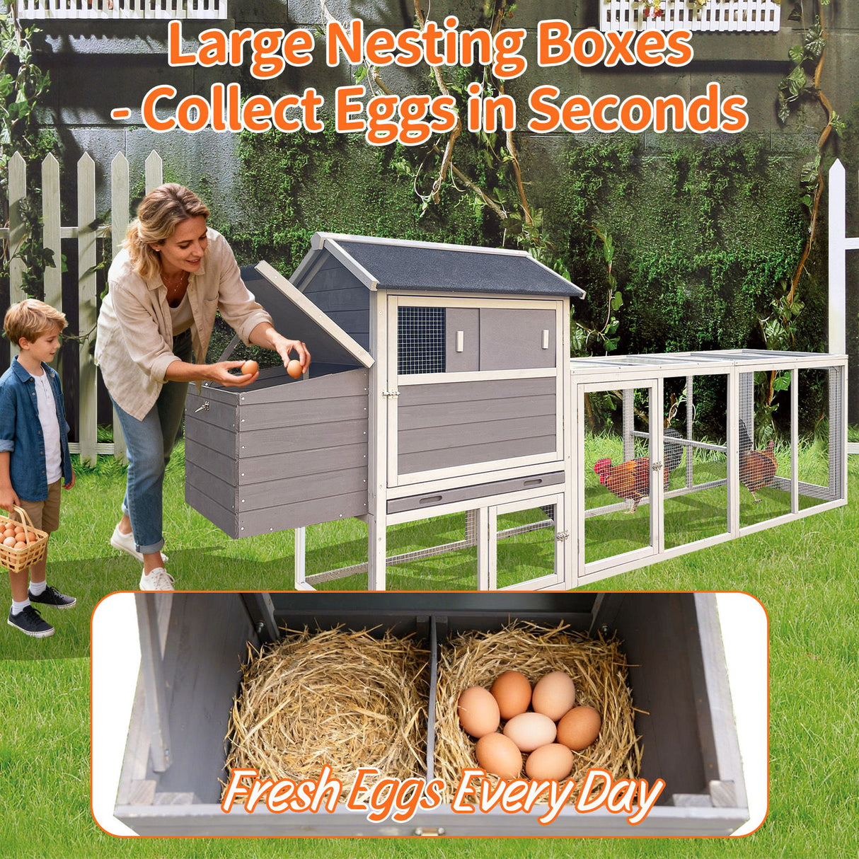 Chicken Coop, Large Outdoor Hen House With Run And Nesting Box Poultry Cage