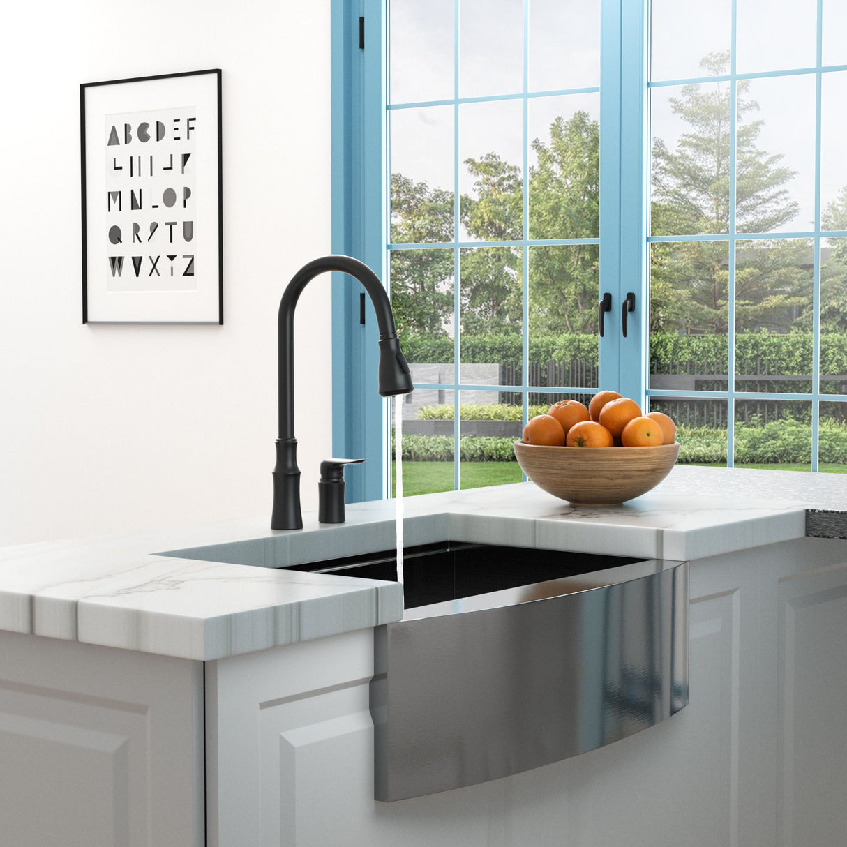 16.9" Kitchen Sink Faucet With Separate Handle And Pull Down Sprayer, Lead Free Brass - Matte Black