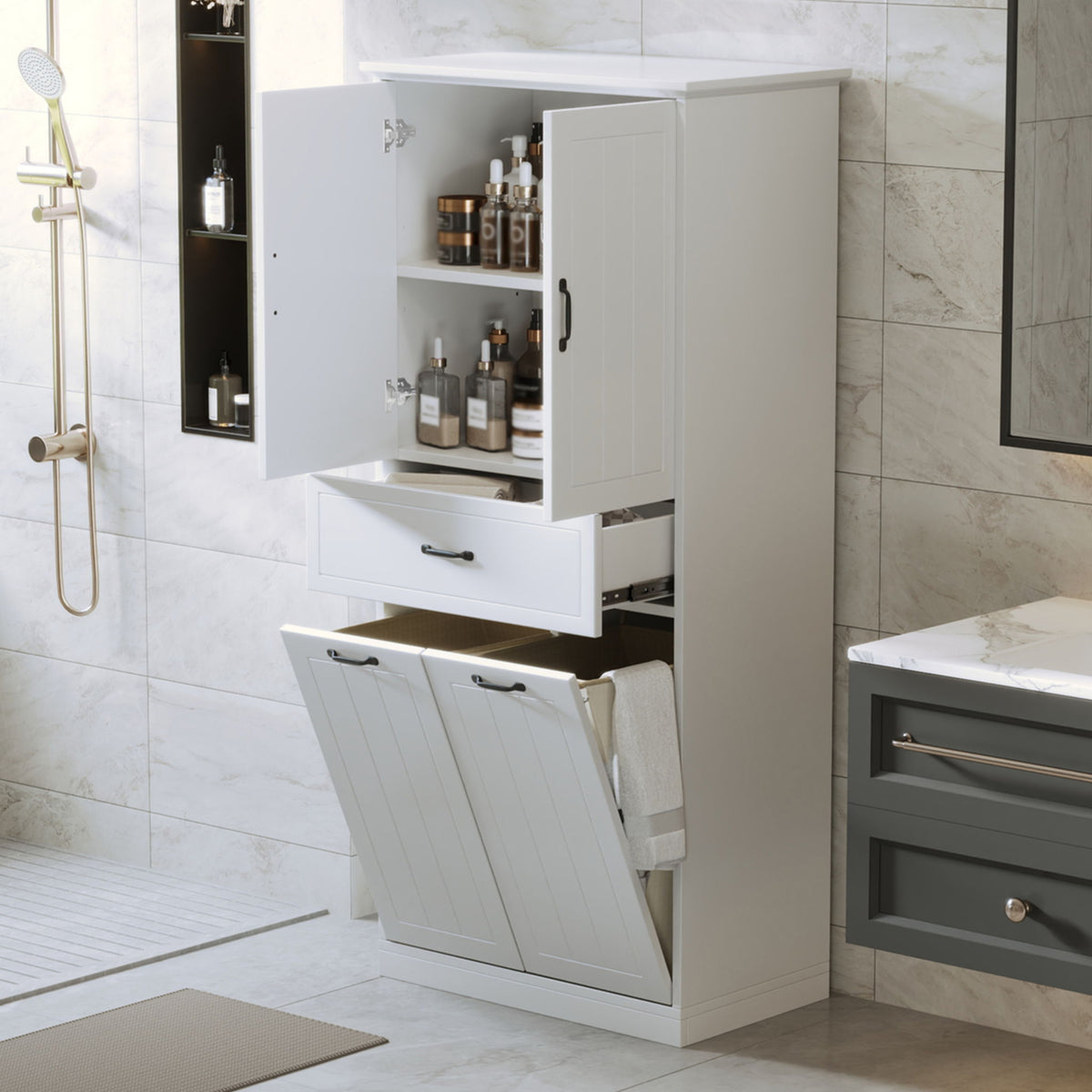 Modern Bathroom Storage Cabinet With Two Laundry Baskets, One Drawer, Adjustable Shelf