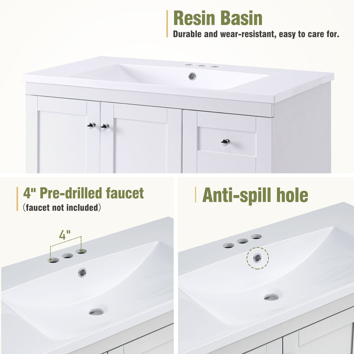Shaker Free Standing Bathroom Vanity Cabinet & Sink, Soft Close Drawers, Soft Close Doors